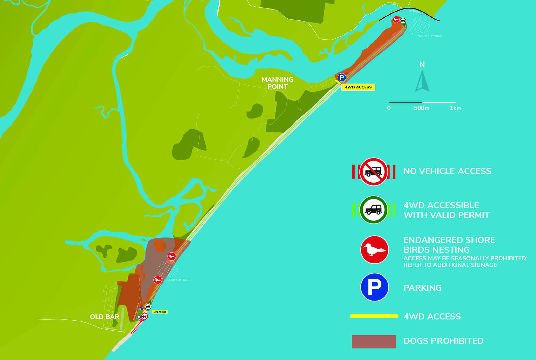 Manning Point to Old Bar beach 4WD beach access map