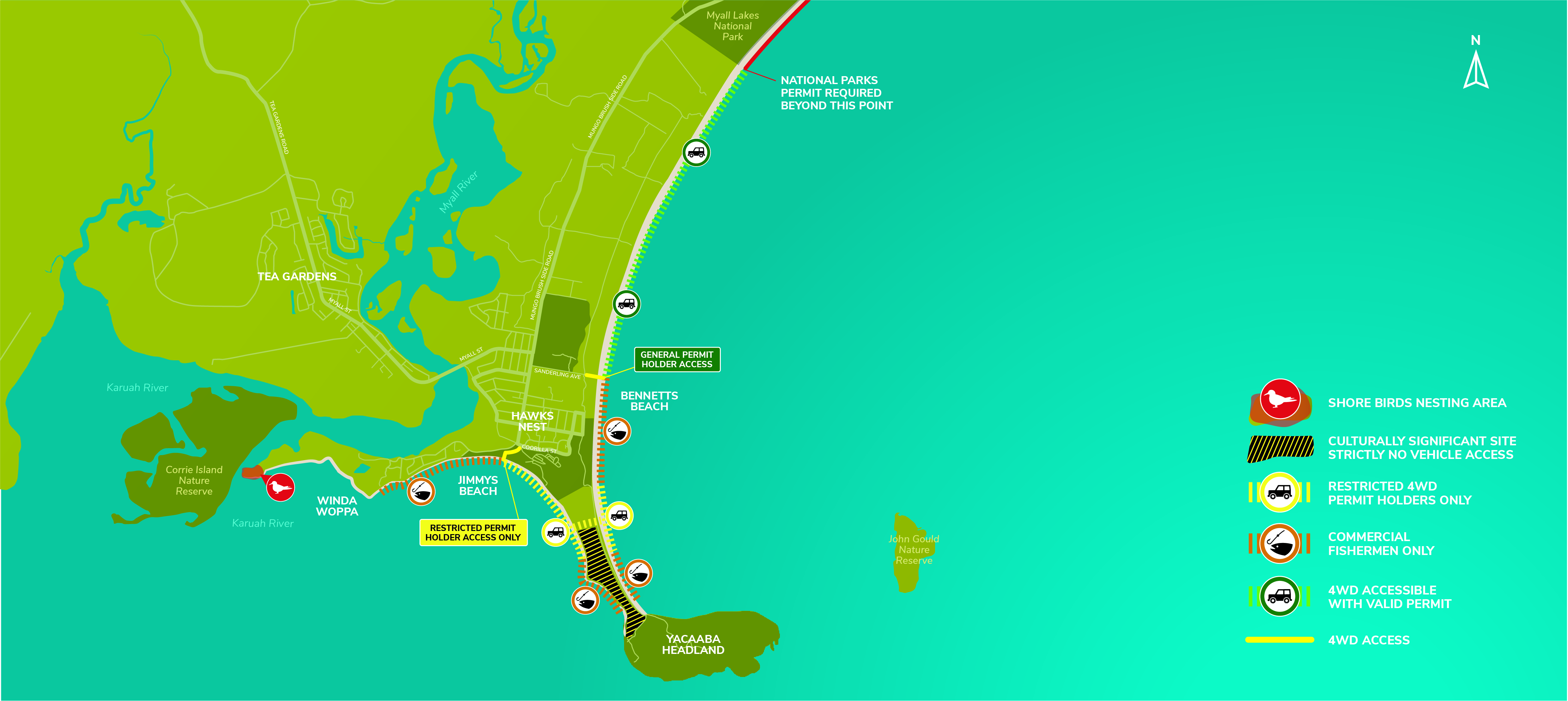 Bennetts Beach Hawks Nest 4WD beach access map